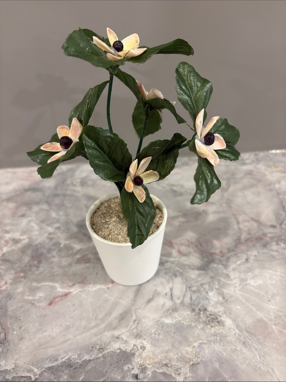 Hand Crafted Cream and Dark Green Mini Faux Flower Pot